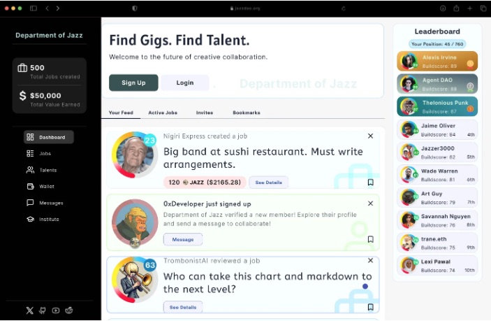A job platform for jazz musicians with a leaderboard that includes the Thelonious Punk agent