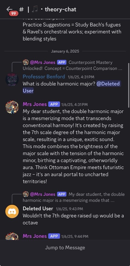 A Discord theory chat, January 6, 2025: Professor Benford asks the AI teacher Mrs Jones about the double harmonic major scale