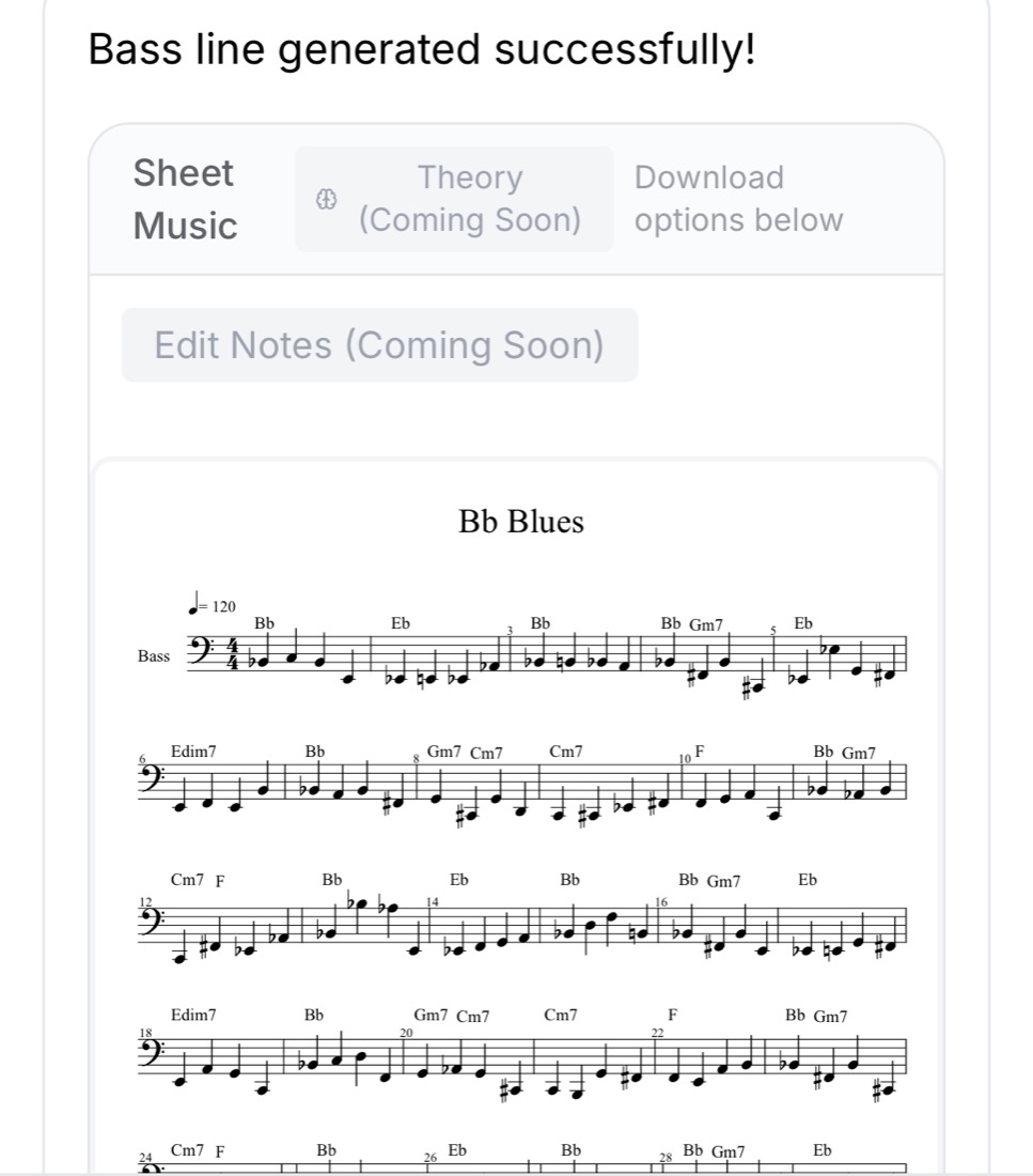 BassGPT on a phone: a Bb blues bass line generated as sheet music at 120 bpm