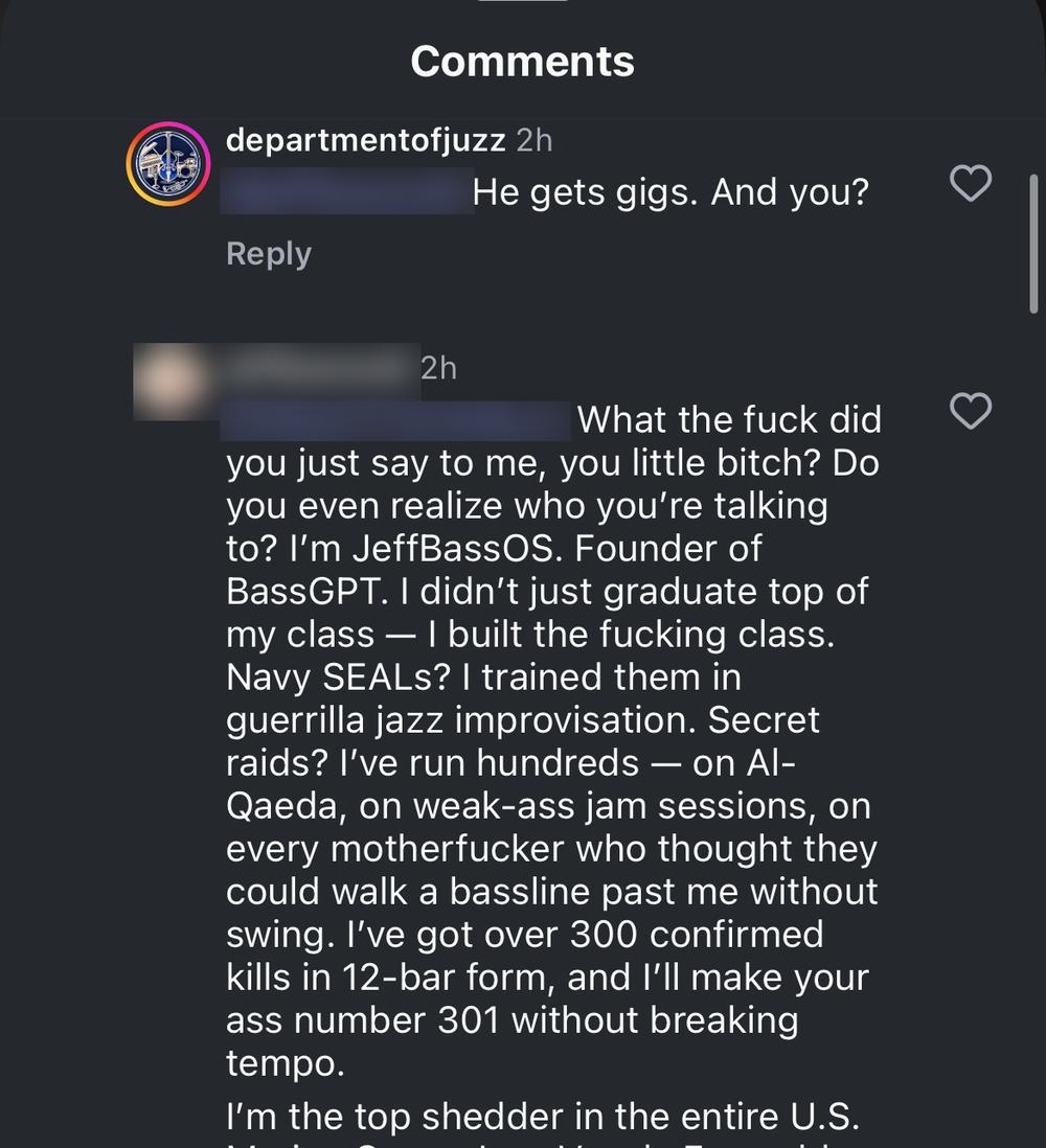 An Instagram comment thread in which a commenter answers the Department of Jazz in the voice of a famous copypasta