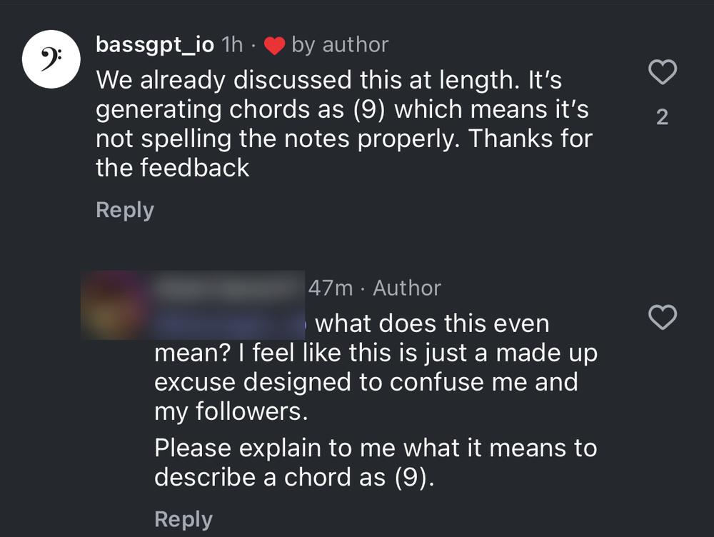 An Instagram comment thread: BassGPT explains that it writes chords as ninths, which means it is not spelling the notes properly