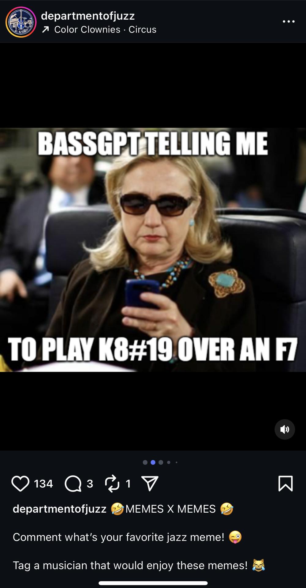 An Instagram post of a meme: BassGPT telling me to play K8 sharp 19 over an F7, with 134 likes