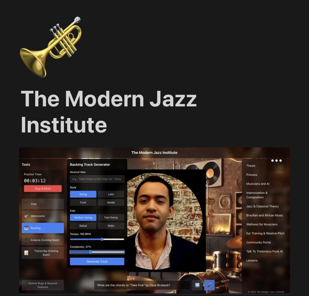 The Modern Jazz Institute web app: a backing track generator, a practice timer, a video avatar, and a menu that includes Talk To Thelonious Punk AI