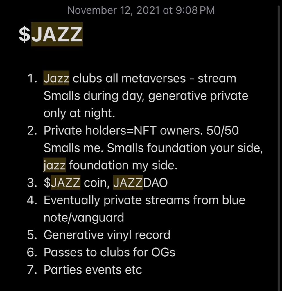 A phone note dated November 12, 2021, titled $JAZZ: jazz clubs in the metaverses, NFT owners as private holders, a coin and a DAO