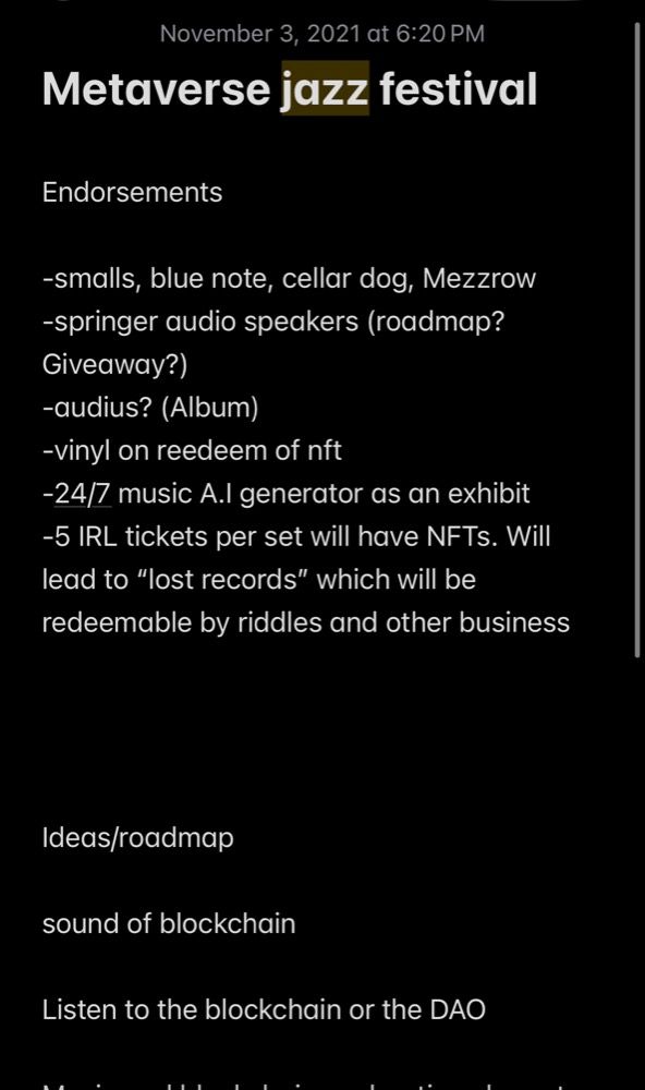 A phone note dated November 3, 2021, titled Metaverse jazz festival, with ideas and a roadmap