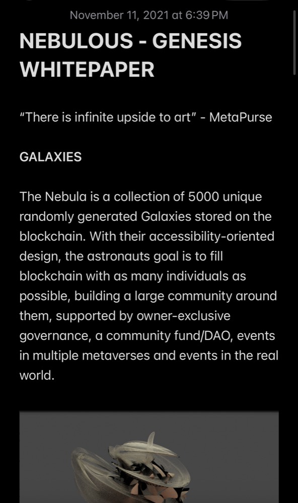 A phone note dated November 11, 2021, titled Nebulous Genesis whitepaper, describing a collection of 5000 generated galaxies stored on the blockchain